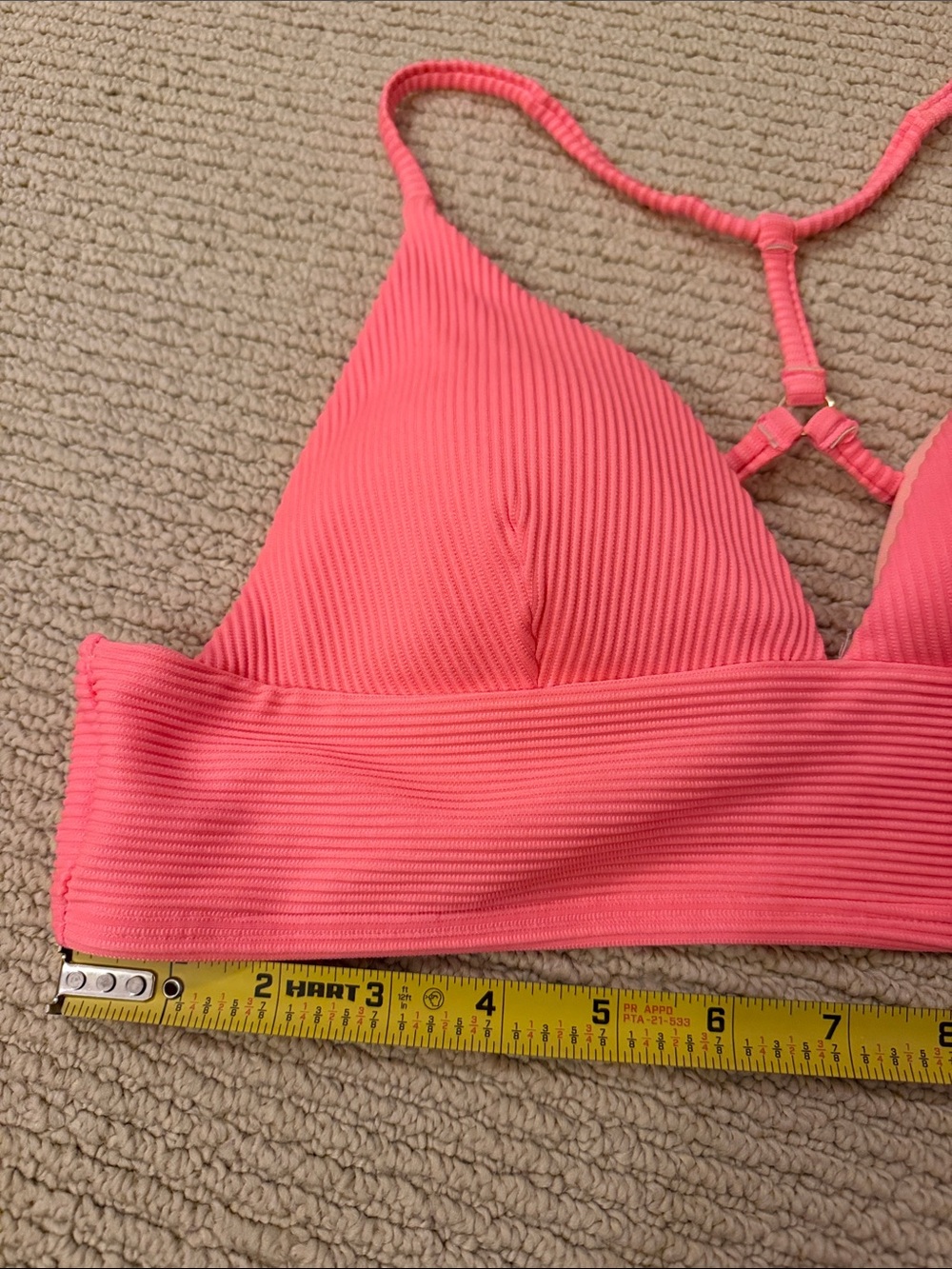 SO brand ribbed longline triangle bikini top in Coral Pink Size L Juniors - Picture 3 of 6